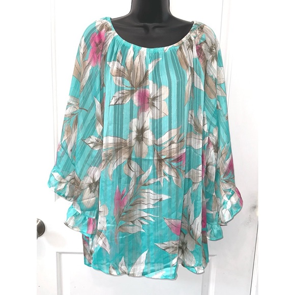 easel Tops - Easel pretty blue floral print long sleeve blouse